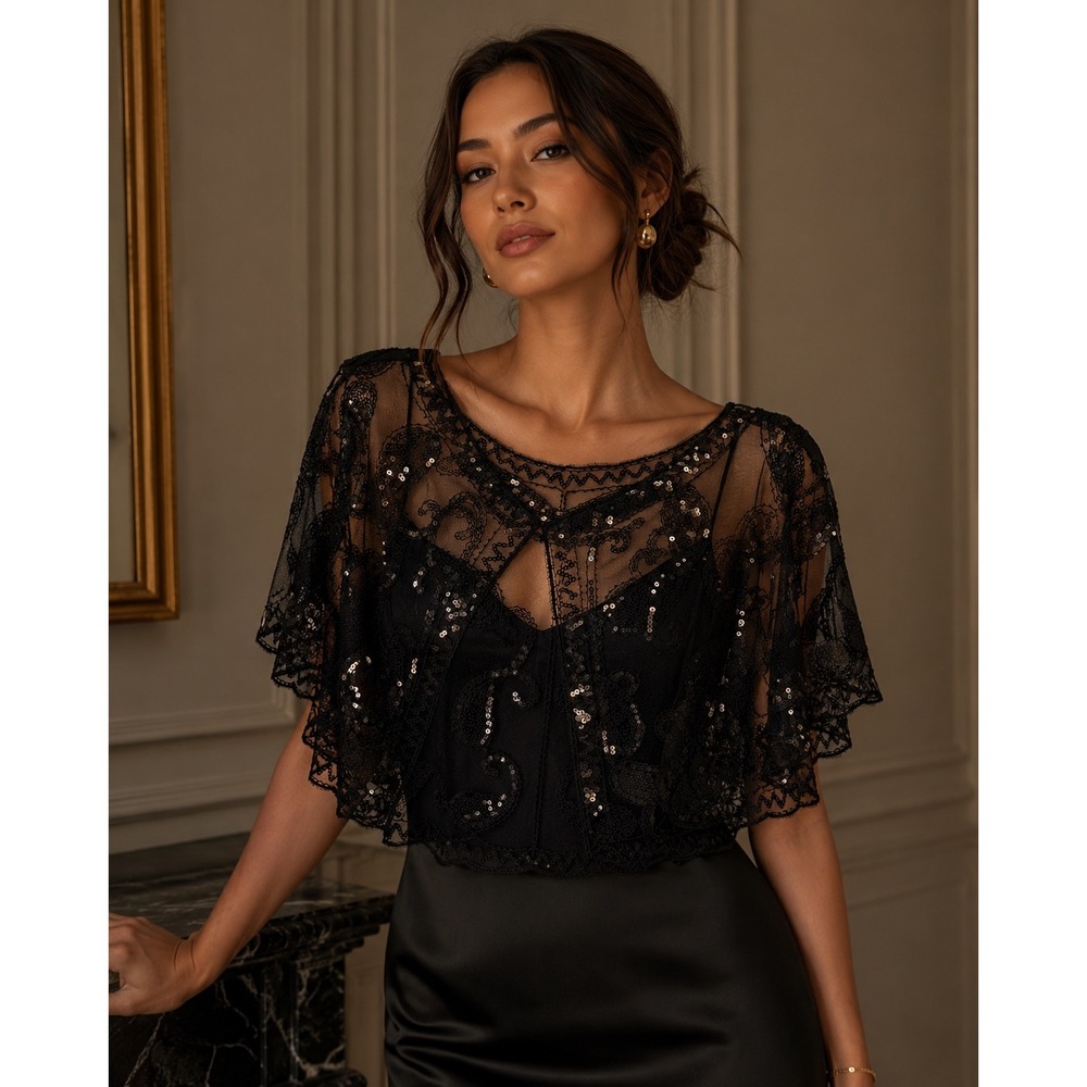 Black beaded caplette with clasp, formal party, night out